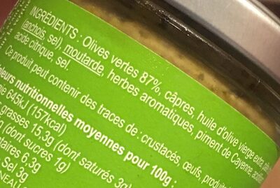 Tapenade verte ingredients label