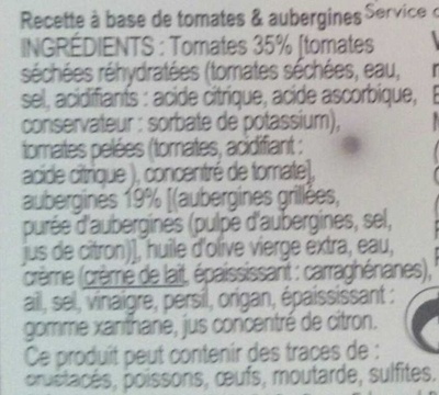 Tomates & aubergine ingredients label