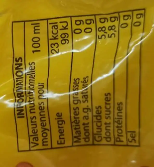 Boisson multivitaminé nutrition facts table