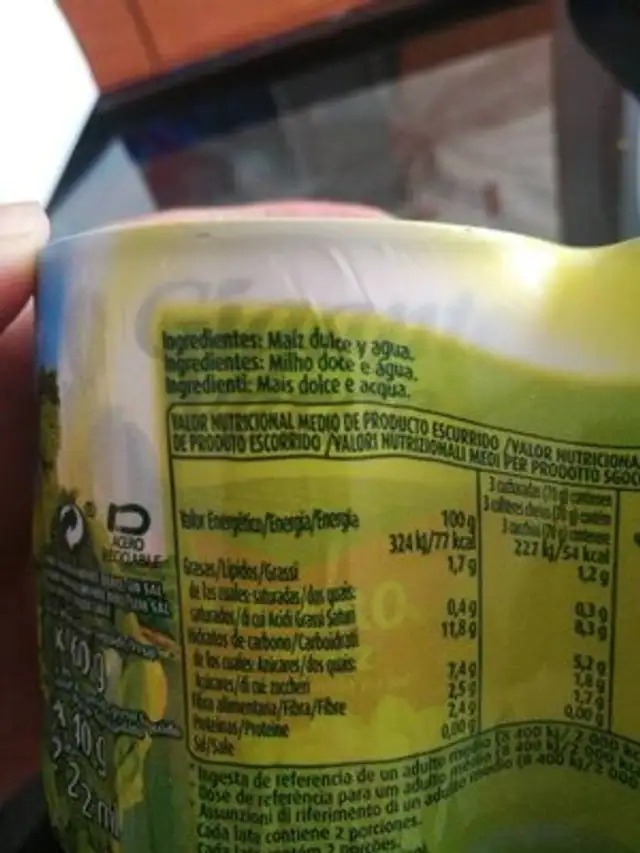Maiz dulce ingredients label