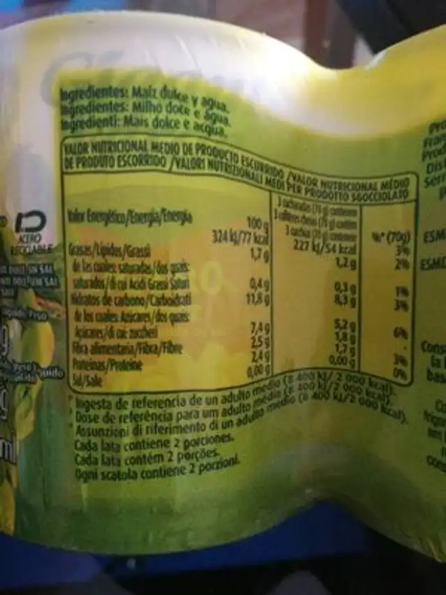 Maiz dulce nutrition facts table