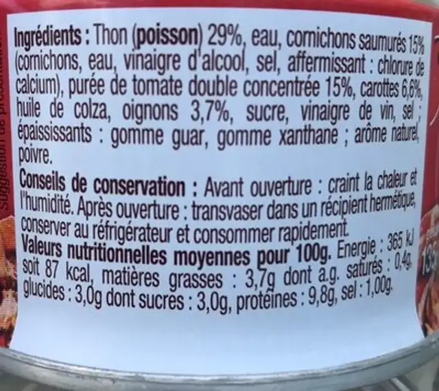 Thon à la catalane nutrition facts table