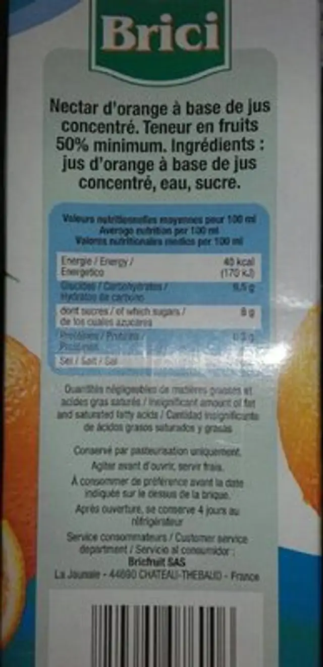 Nectar d orange ingredients label