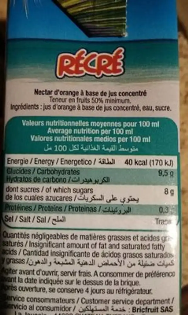 Récré nectar orange 20cl ingredients label