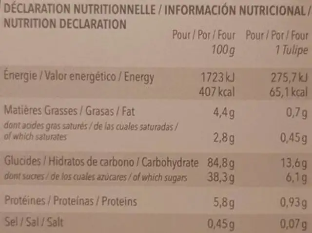 Tulipes nutrition facts table