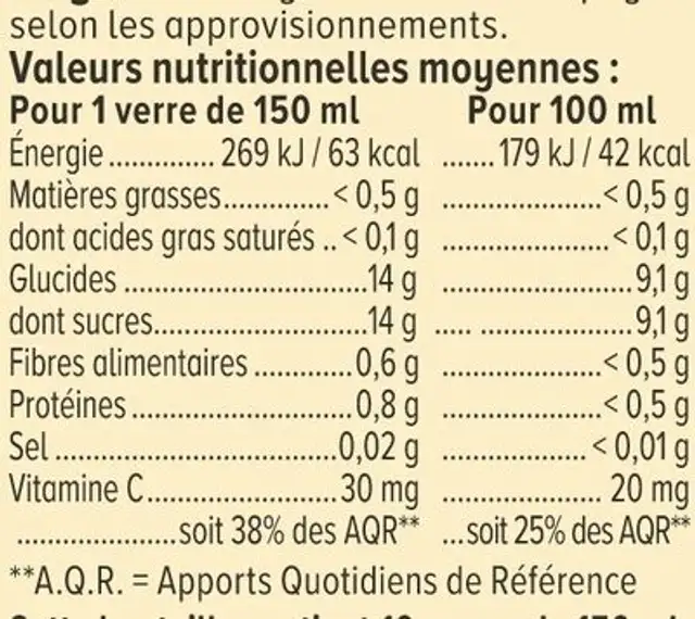 Pur jus d'orange avec pulpe filière pet 1,5 L ingredients label