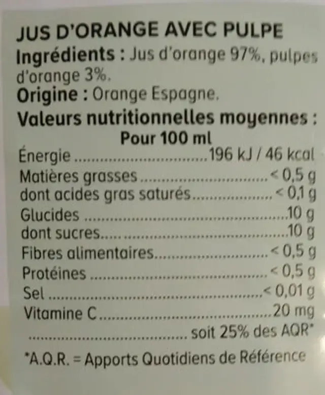 Pur jus d'orange avec pulpe filière pet 1,5 L nutrition facts table