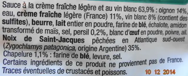 Coquilles Saint-Jacques* à la Bretonne (4 + 2 Gratuites), Surgelé ingredients label