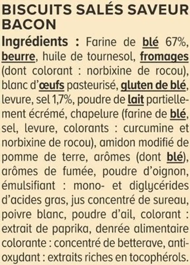 Biscuits apéritifs Crackers salés saveur bacon 85g nutrition facts table