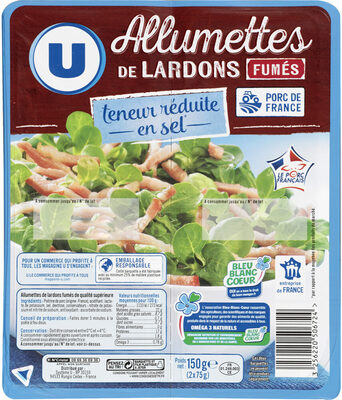 Lardons allumettes fumés à teneur réduite en sel réduit et Oméga 3 Viande de Porc Française