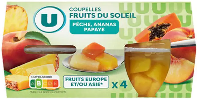 Coupelles de fruits du soleil à la pêche, ananas et papaye 4x260g front packaging
