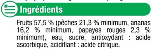 Coupelles de fruits du soleil à la pêche, ananas et papaye 4x260g ingredients label