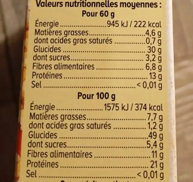 Mélange de céréales blé, soja, avoine et orge paquet de 400g nutrition facts table