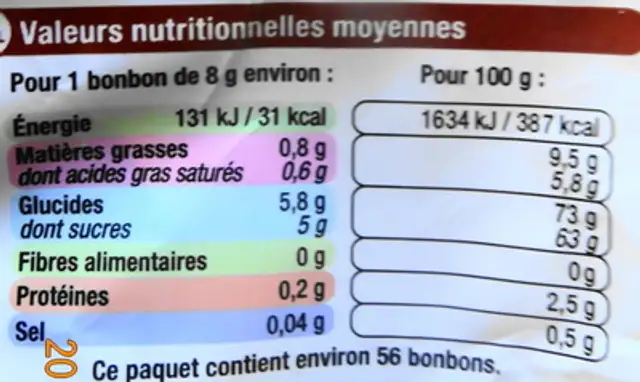 Caramels Tendres, assortiment 4 parfums nutrition facts table