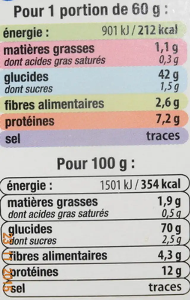 Graine couscous grains moyens étui de 500g nutrition facts table