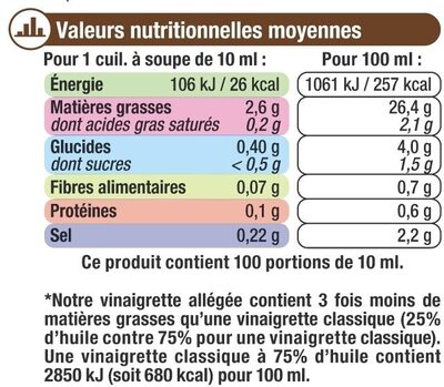 Vinaigrette allégée en matières grasses à la moutarde à l'ancienne bouteille de 1 litre ingredients label