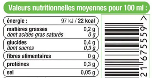 Vinaigre d'Alcool au Jus de Citron 6° bouteille en verre de 75cl nutrition facts table