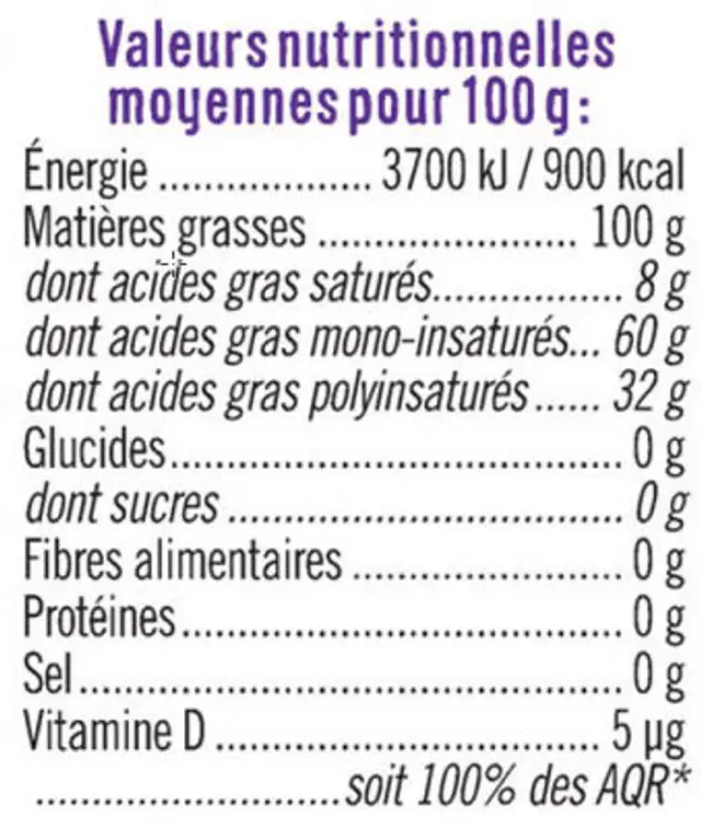 Huile Mélange 4 huiles Bouteille 1L nutrition facts table