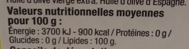 Huile d'olive Bouteille 50cL nutrition facts table