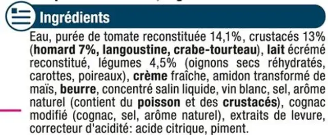 Bisque de Homard ingredients label