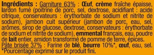 Quiches lorraine, ingredients label