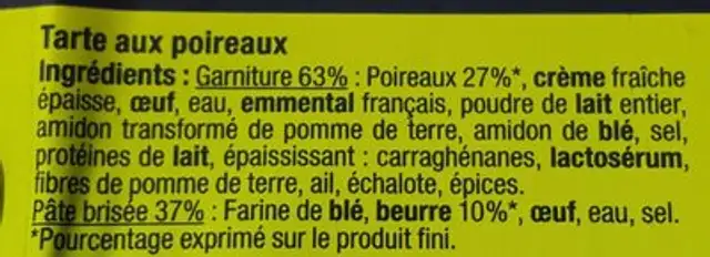 Tarte aux poireaux ingredients label