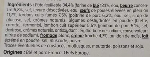 Quiche Lorraine 400g ingredients label