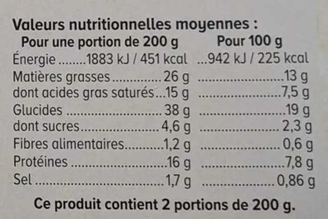 Quiche Lorraine 400g nutrition facts table