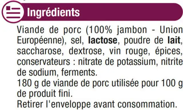 Spécialité de saucisson sec ingredients label