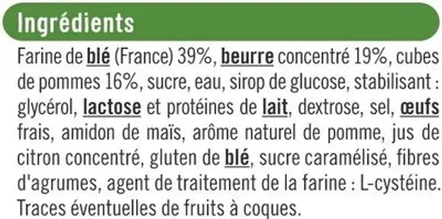 Galette des rois fourrée à la pomme 4/6 parts, 400g nutrition facts table