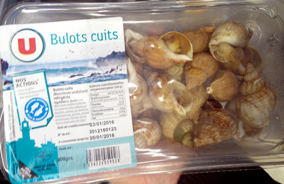 Bulots cuits, Buccinum undatum, pêchés en Atlantique Nord-Est, barquette de 400g