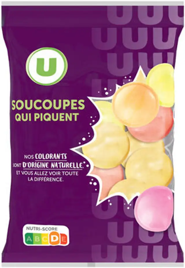 Bonbons Confiserie soucoupes acidulées en poudre sachet de 39g front packaging