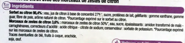 Sorbet au citron ingredients label