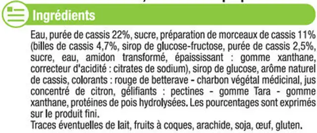 Sorbet Cassis Avec Baies De Cassis ingredients label