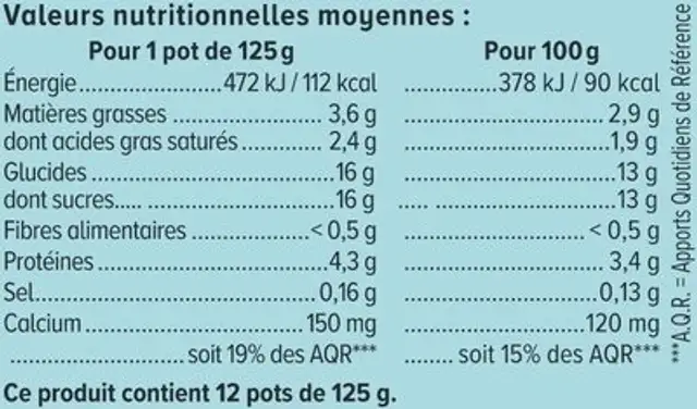 Lait fermenté au bifidus saveur vanille 12x125g ingredients label