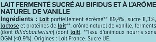 Lait fermenté au bifidus saveur vanille 12x125g nutrition facts table