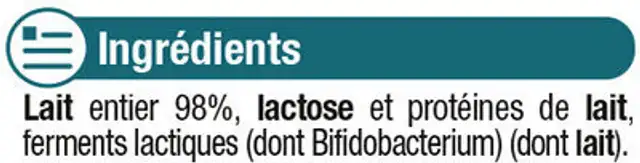 Lait fermenté au lait entier au bifidus nature 4x125g ingredients label