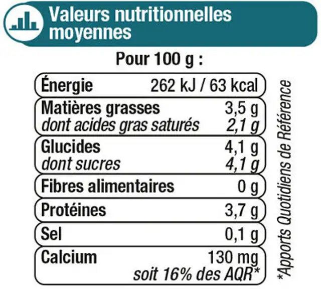 Lait fermenté au lait entier au bifidus nature 4x125g nutrition facts table
