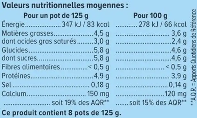 Yaourts brassés nature 8x125g ingredients label