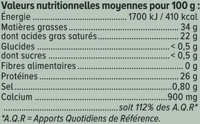 Comté AOP au lait cru 34%de matière grasse 250g ingredients label