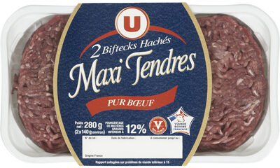 Steak haché maxi tendre, 12% Matière Grasse, VBF, 2 pièces -280g