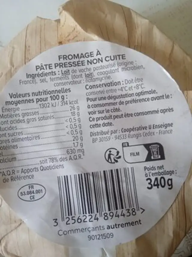 Fromage lait pasteurisé Père François 26%MG, 340g ingredients label
