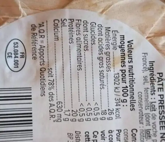 Fromage lait pasteurisé Père François 26%MG, 340g nutrition facts table