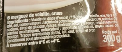 Merguez de volaille, 6 pièces, 300g ingredients label