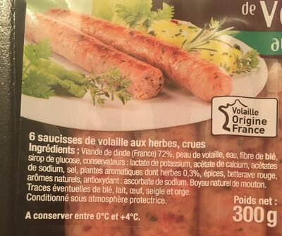 Saucisse de volaille aux herbes, 6 pièces, 300g ingredients label