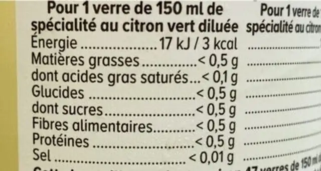 Concentré à diluer citron vert, 1L nutrition facts table