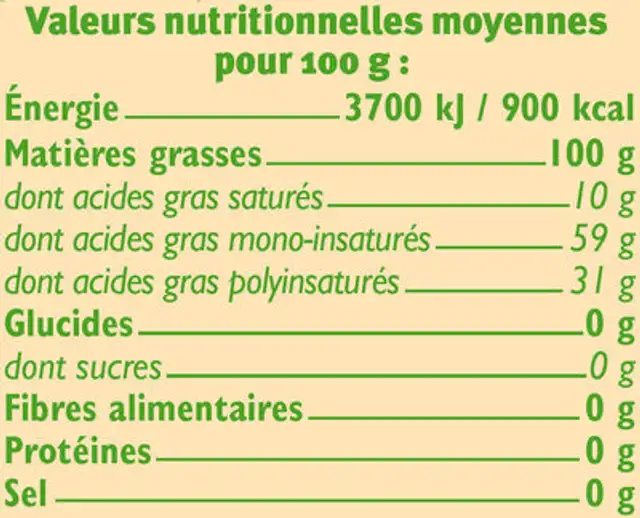 Mélange 4 Huiles Végétales nutrition facts table