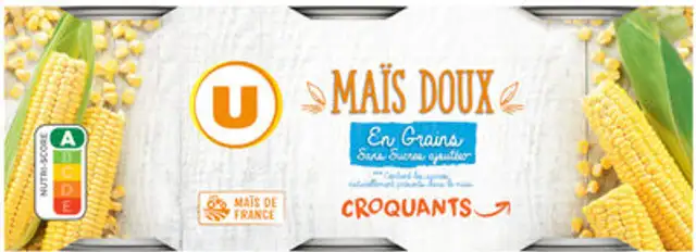 Maïs sans sucre ajouté U, 3 boîtes 1/4 front packaging