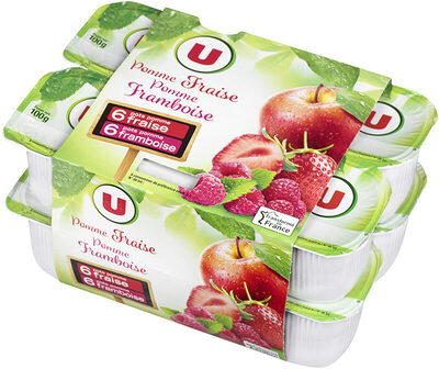 Coupelle dessert de fruits pommes, fraise et + pommes, framboise front packaging