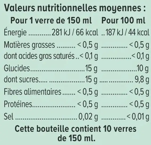 Pur jus de pomme filière pet 1,5 litre ingredients label